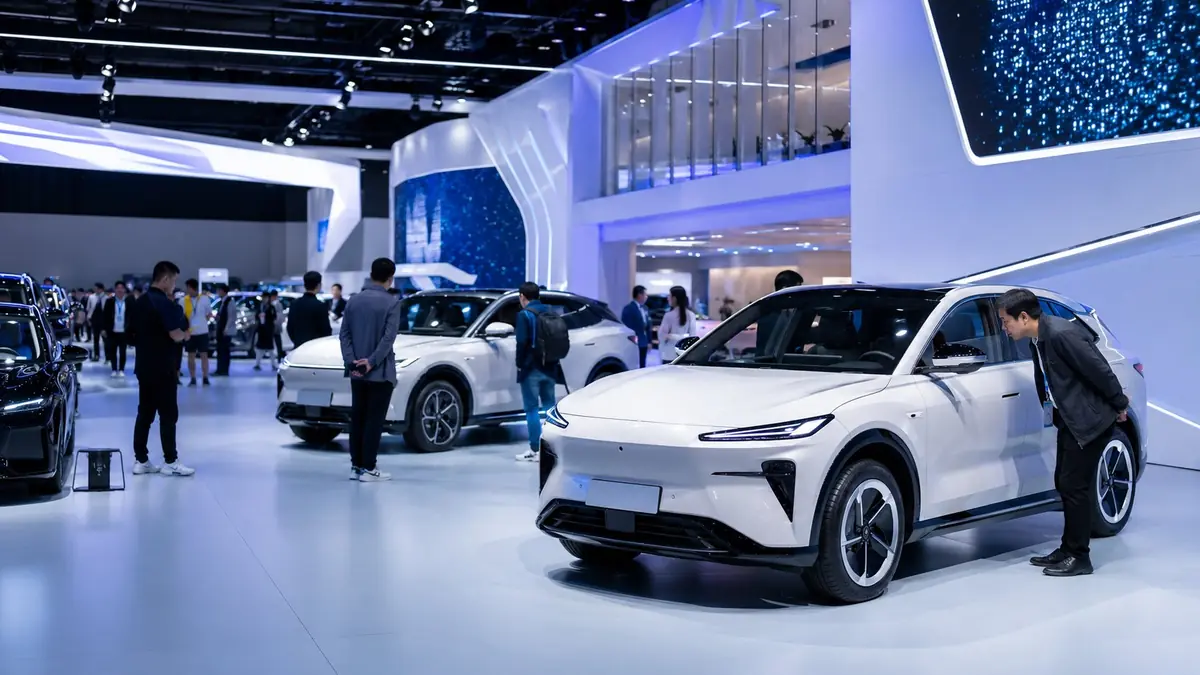 SUV elétrico branco em showroom da Canton Fair 2026 Guangzhou — veículos elétricos chineses disponíveis para importação no Brasil