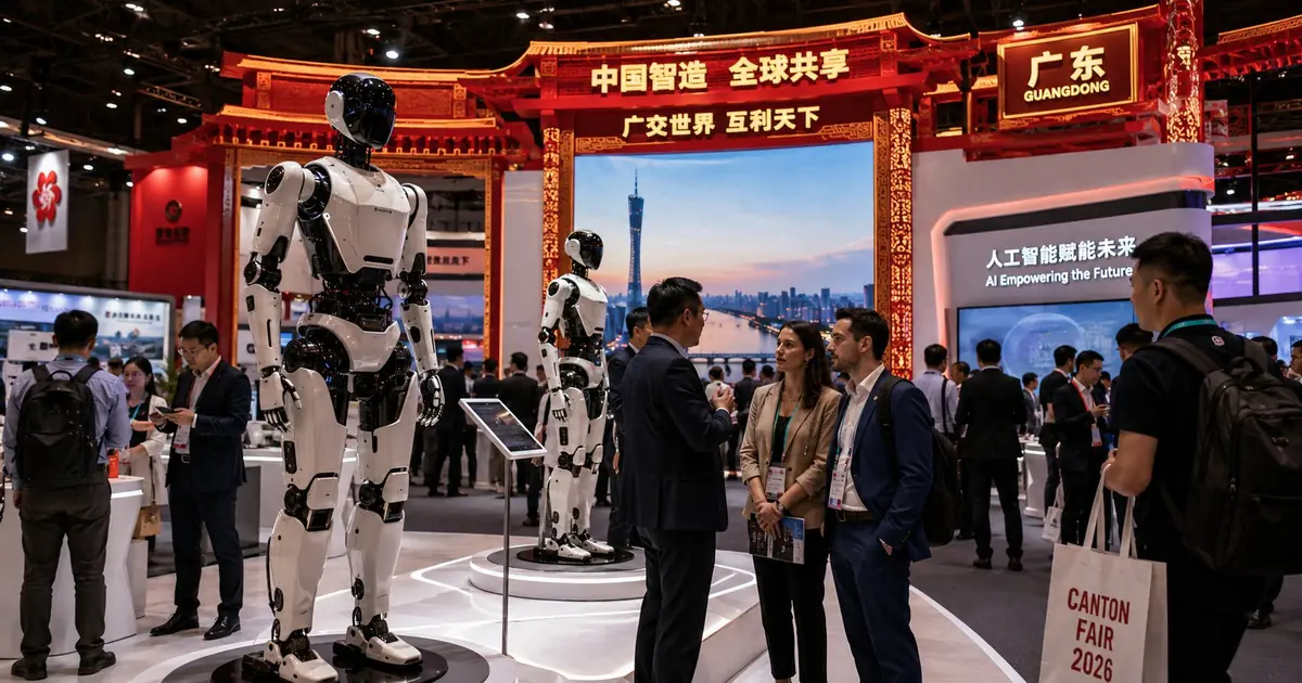 Robô humanoide na Canton Fair 2026 Guangdong China — sacola Canton Fair 2026 e painel AI Empowering the Future ao fundo, empresários negociando robótica