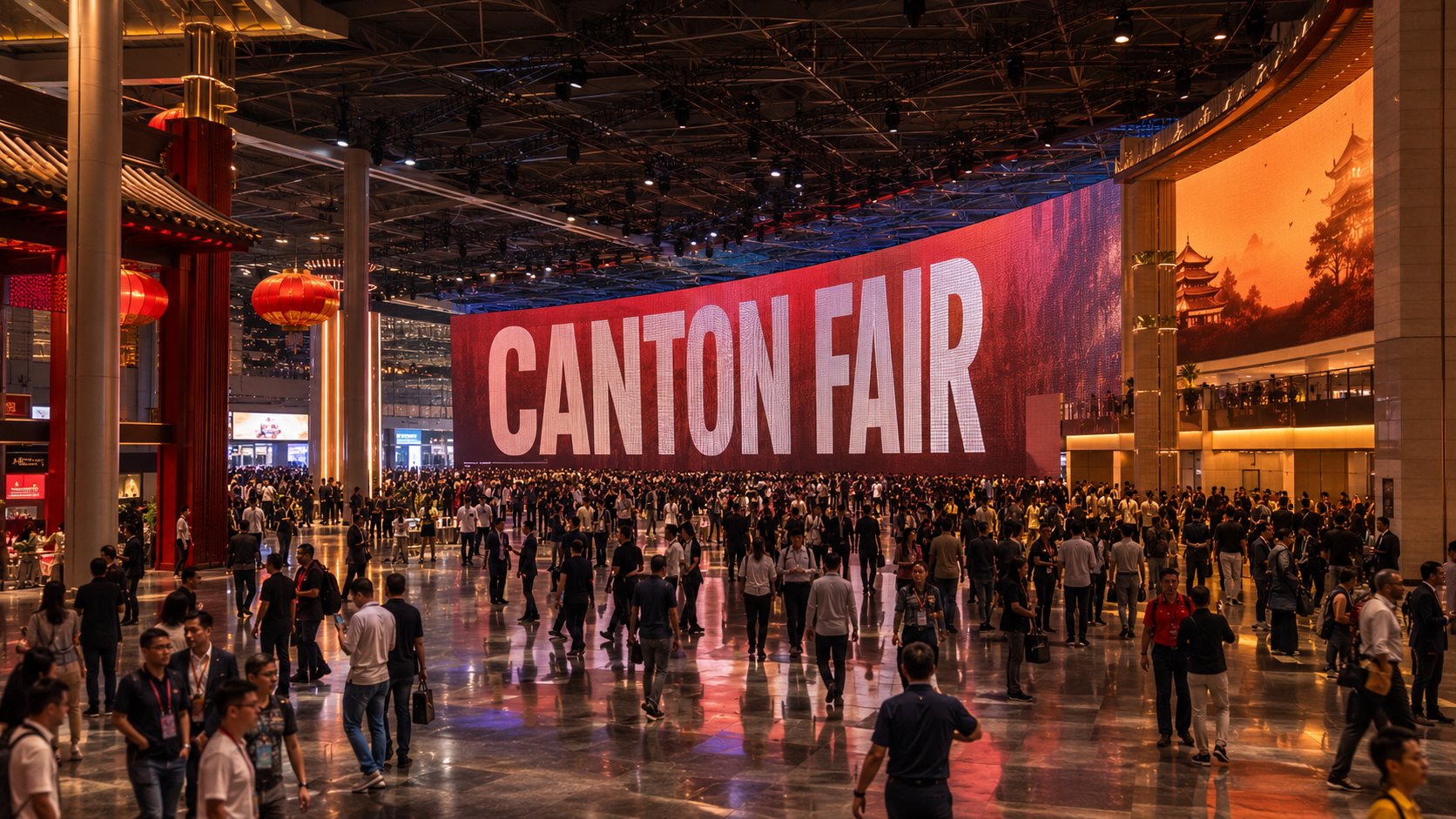 Entrada principal da Canton Fair Guangzhou — painel LED Canton Fair com milhares de compradores no hall de acesso